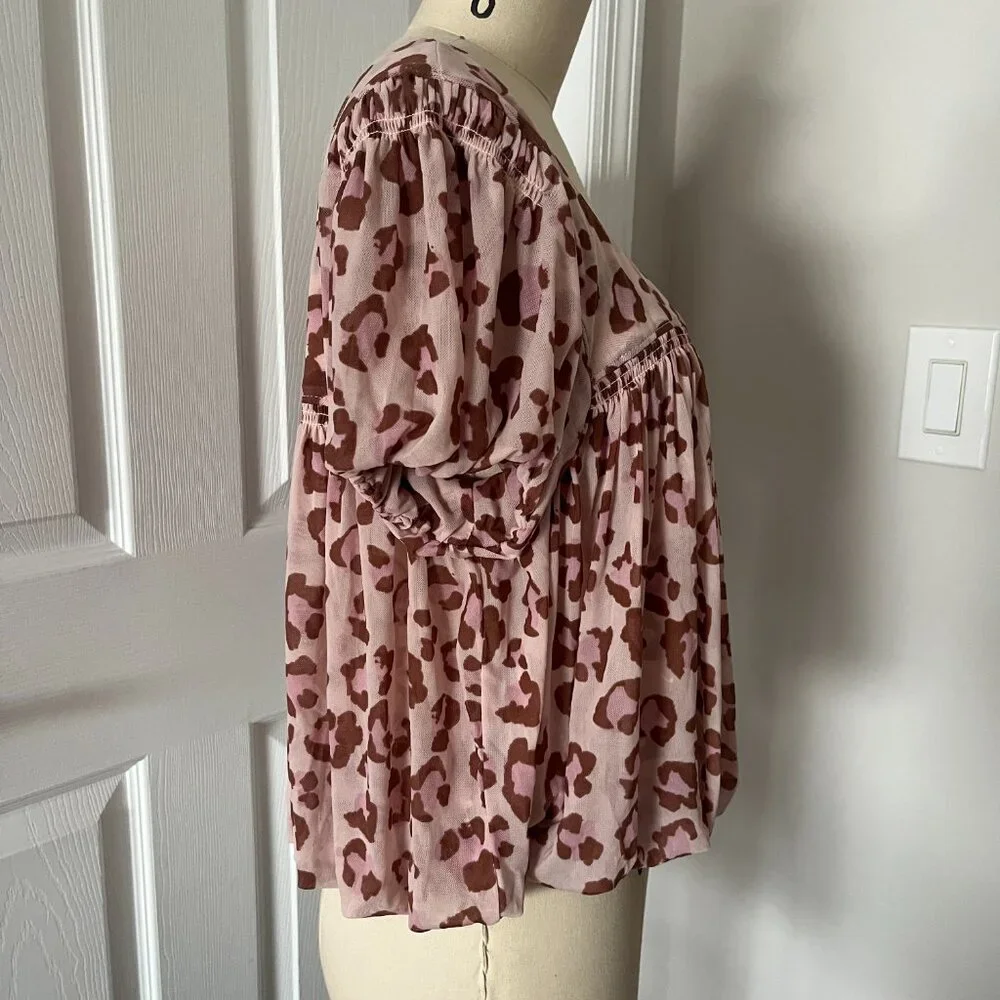 Free People Meg's Blouse Pink Leopard Cropped Mesh Pleated Safari Boho Chic M